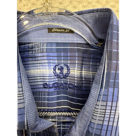 Bugatchi Uomo Mens Classic Fit Long Sleeve Button-Up Shirt Blue Plaid Collar - Picture 4 of 7